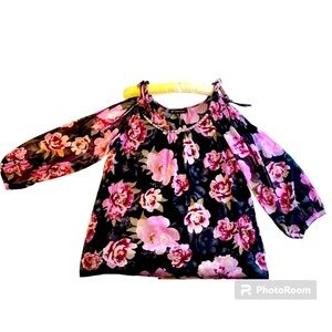 INC international concepts floral cold shoulder beaded neckline top size small